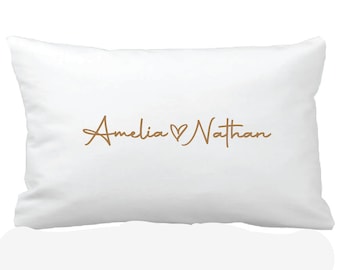 Lovely couples pillow with names and heart. Perfect keepsake for bridal shower, 2nd anniversary cotton gift, wedding/engagement LGBTQ+