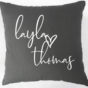 Names with heart couples pillow. Perfect wedding & engagement, bridal shower, housewarming, 2 year cotton anniversary or valentines day gift