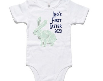 Geometric bunny CUSTOM Easter romper with personalised name design. Perfect outfit for bubs for easter. Create your own romper design