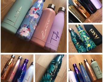 Glamourous Personalised 500ml double lined stainless steel drink bottle. Stays hot/cold. Your name/words to choose in a range of colour.