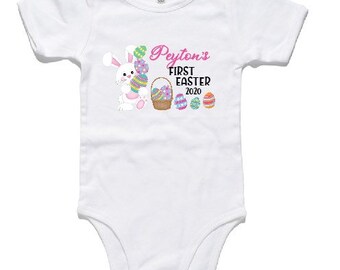 Cutest CUSTOM My First Easter romper with easter bunny and eggs design. Perfect outfit for bubs for easter. Create your own romper design