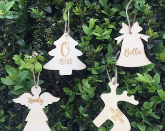 Super cute customised wooden ornaments etched with names, first christmas & family names. Creat your own or choose ours. 4 shapes available