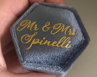 Cursive Mr & Mrs surname double ring hexagon velvet ring box customised just for you. Wedding day ringbox. Perfect photo opportunity.