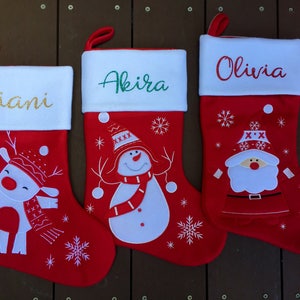 Super cute custom Christmas stocking. High quality designs of Rudolph, Snowman or Santa with your name printed in plain, metallic or glitter image 9