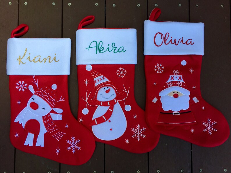 Super cute custom Christmas stocking. High quality designs of Rudolph, Snowman or Santa with your name printed in plain, metallic or glitter image 9