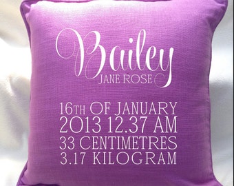 Classy custom BABY GIRL birth announcement pillow for New Borns, the perfect gift for new parents and keepsake.