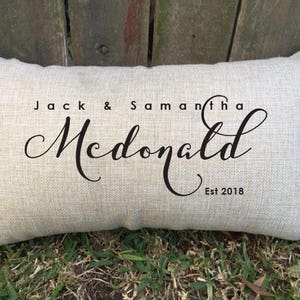 Full name couples pillow with est/date. Perfect keepsake for bridal shower, 2nd anniversary cotton gift, wedding/engagement LGBTQ+