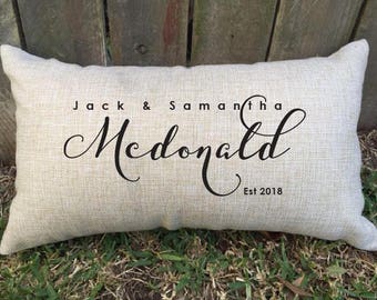 Full name couples pillow with est/date. Perfect keepsake for bridal shower, 2nd anniversary cotton gift, wedding/engagement LGBTQ+
