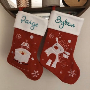 Super cute custom Christmas stocking. High quality designs of Rudolph, Snowman or Santa with your name printed in plain, metallic or glitter image 7