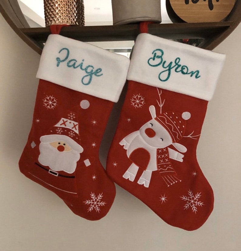 Super cute custom Christmas stocking. High quality designs of Rudolph, Snowman or Santa with your name printed in plain, metallic or glitter image 7