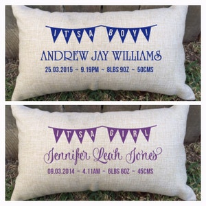 So cute baby boy or baby girl BUNTING pillow for new borns, christenings, first birthday and more - customised just for you.