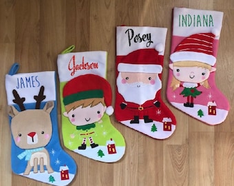 Adorable custom Christmas stocking. High quality with felt 3D detail Rudolph, Elf boy, Elf girl or Santa designs with your name printed.