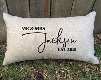 Full names/titles couples pillow with est/date. Perfect keepsake gift for cotton 2nd wedding anniversary, housewarming, wedding LGBTQ+