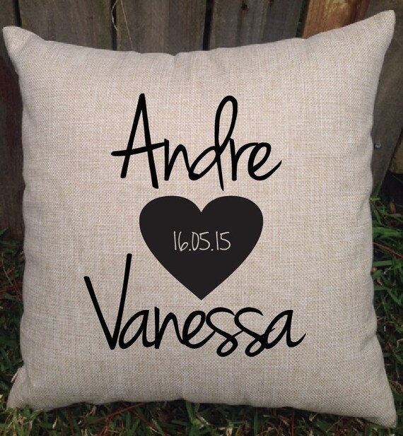 Funky heart with names and date pillow 