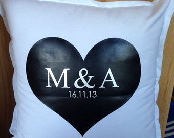 Personalised couple initials and date in heart pillow - perfect wedding & engagement gift, bridal shower gift. You choose the colour scheme.