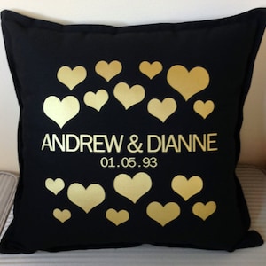 Surrounding hearts personalised name & date pillow, perfect wedding gift, engagement gift or bridal shower gift. You choose the colours.