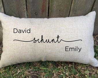 Newly weds wife/husband + surname couples pillow, also perfect for 2nd wedding anniversary "cotton", bridal shower house warming & more