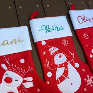 Super cute custom Christmas stocking. High quality designs of Rudolph, Snowman or Santa with your name printed in plain, metallic or glitter image 8