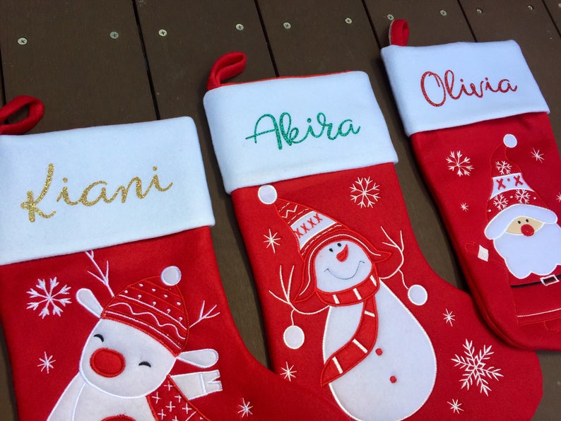 Super cute custom Christmas stocking. High quality designs of Rudolph, Snowman or Santa with your name printed in plain, metallic or glitter image 8