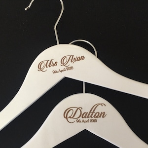 Classical Mr and Mrs with date ETCHED couple personalised coat hangers for the perfect bride and groom to be. Customised for you. His & hers