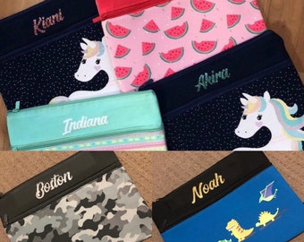 Personalised Pencil Cases for boys and girls. Awesome large 2 zip colourful designs with glitter or plain vinyl names. 34x26cm to fit it all
