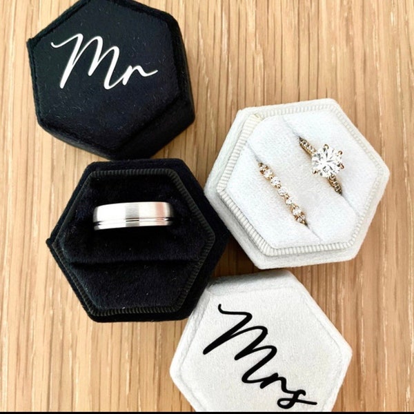 Set of 2 Mr & Mrs cursive double ring hexagon velvet ringbox customised just for you. Wedding day ringbox. Perfect photo opportunity. LGBTQ+