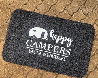 Happy Campers custom doormat. Printed to last, huge 92x58cm. Perfect gifts for camping, caravans, camper vans + grandparents for christmas.