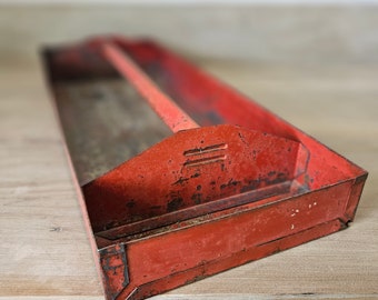 Vintage Industrial Metal Tool Box Tray with Handle, Red Weathered Metal Organization Caddy