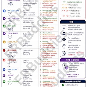 Op de afbeelding: Een rechthoekige NIH Stroke Scale assessment badge buddy kaart met een gedetailleerde neurologische examentabel van 15 items, scoregids, klinische tips en de tekst 'Time is Brain' in wit, rood en blauw op een donkerblauwe achtergrond.