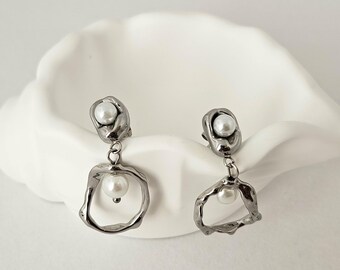 Boucles d'oreilles deux perles de style moderne et élégant en acier inoxydable