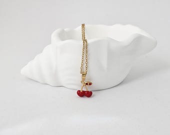 Collier cerise deux ronds 20 pouces grande chaîne plaqué or acier inoxydable