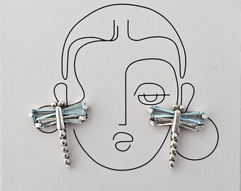 Boucles d'oreilles libellule en argent sterling 925 avec cristaux bleus, fabriquées à Taxco, Guerrero