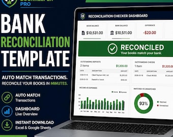 Puede incluir: Una plantilla digital de conciliación bancaria mostrada en la pantalla de una computadora portátil y un teléfono inteligente. El panel muestra datos financieros, incluyendo saldo contable, saldo bancario, depósitos pendientes y cheques.