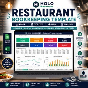 May include: A digital restaurant bookkeeping template displayed on a laptop screen, featuring a financial dashboard with colorful charts, revenue, food cost, and labor data. The interface includes Google Sheets and Excel icons, plus text labels.