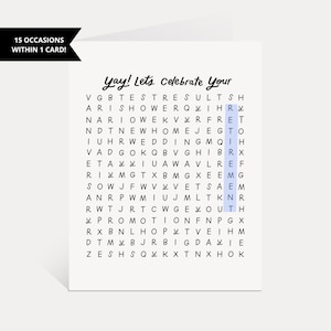 May include: A black and white word search puzzle with the words "Yay! Let's Celebrate Your Retirement" highlighted in blue. The puzzle includes words like "wedding", "promotion", "new home", and "celebration".