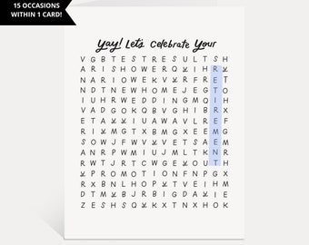 Wordsearch Card | Yay Lets Celebrate Your Greeting Card, Interactive Cards, Break Up, Anniversary, New Home, Retirement Cards, Graduation