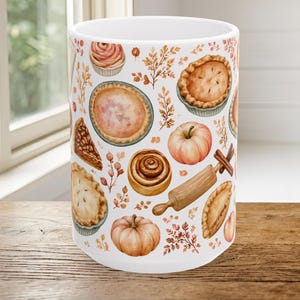 Taza con diseño de repostería otoñal / Taza de cerámica con diseño de rollo de canela y pastel de calabaza 11 oz, 15 oz