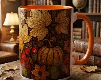 May include: A ceramic mug with a vibrant orange interior and handle, featuring a detailed wrap-around print of autumn maple leaves, a central pumpkin, small red berries, and brown flowers against a dark, textured background.