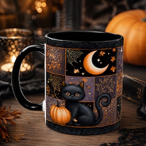 Taza de café de Halloween con gatos de patchwork, calabaza y fantasma, 11, 15 oz.