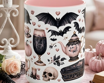 Taza gótica para fiesta del té / Taza de café con detalles de cuervo, murciélagos y calavera / 11, 15 oz