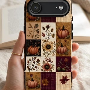 May include: A rectangular phone case featuring a grid pattern of autumn-themed illustrations. The design includes orange pumpkins, sunflowers, acorns, and fall leaves in shades of brown, cream, and deep burgundy against textured backgrounds.