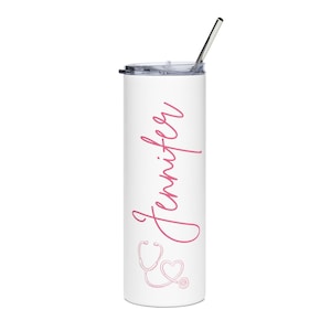 Gepersonaliseerde drinkbeker met naam in sierletters, 590 ml | Ontwerp met verpleegkundige-stethoscoop
