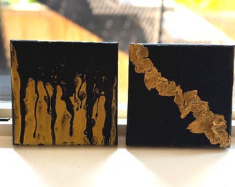 Black Gold Leaf Abstract Diptych | Textured Canvas Wall Art Set