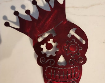 Arte de metal de calavera de azúcar, calavera de azúcar coronada, letrero de metal