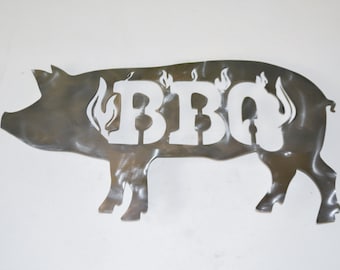 BBQ Pig Sign, Metal Sign, Grilling, Bar-B-Que Decor