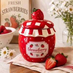 May include: A red ceramic jar shaped like a strawberry with a lid featuring a sculpted strawberry handle and a white and red checkered pattern. The front label reads Strawberry homemade jam with small strawberry illustrations and white seed details.