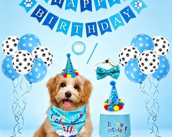 Haustier-Geburtstags-Party-Dekor-Set, Hund Katze Banner, Ballons, Schal, Hut, Fliege Kit