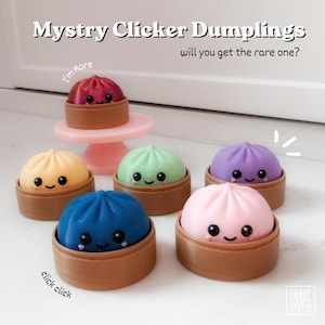 Peut inclure: Six jouets à cliquer en forme de raviolis, chacun reposant sur une base circulaire marron. Le texte indique Mystry Clicker Dumplings, will you get the rare one?, I'm Rare, et click click. Les raviolis sont rouges, jaunes, verts, violets, bleus et roses.