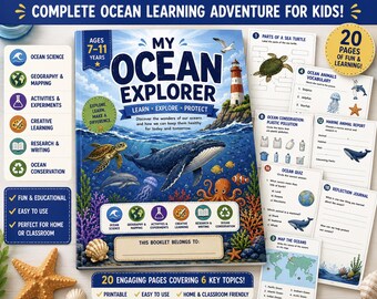 May include: A 20-page educational activity booklet titled My Ocean Explorer for ages 7-11. The cover features a whale, sea turtle, dolphin, octopus, and lighthouse. Includes worksheets on ocean science, geography, and conservation with colorful illustrations.