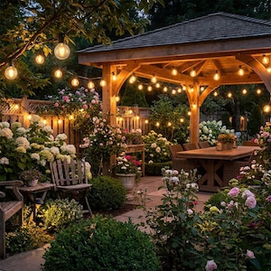 May include: A wooden gazebo with a shingled roof, illuminated by warm string lights. The structure features a dining table and chairs, surrounded by lush garden beds filled with blooming white hydrangeas and pink roses in terracotta pots.